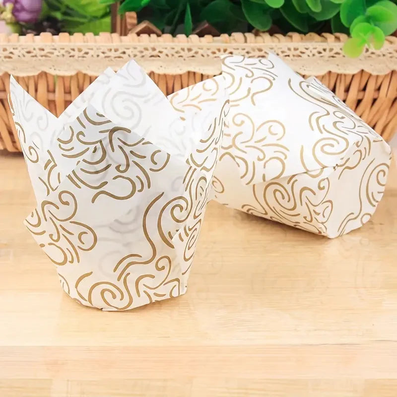 40/100/200Pcs Tulip Cupcake Liners, Muffin Cupcake Paper Wrappers with Gold Print, Baking Cup Holder for Wedding, Birthday