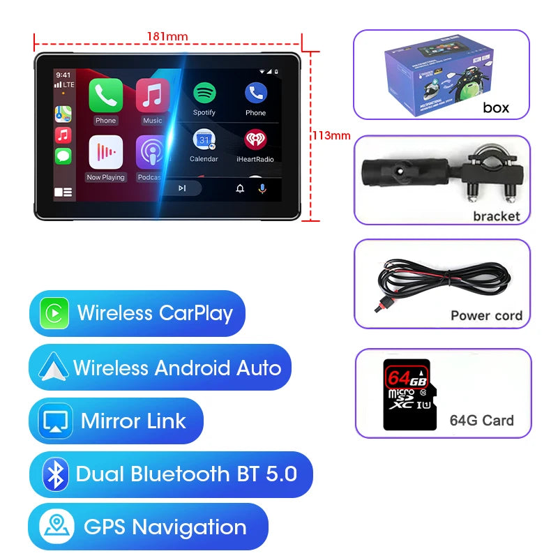 Srnubi 7 inch Portable Motorcycle DVR LCD Display GPS IPX7 Waterproof For Wireless Apple CarPlay Android Auto Airplay Monitor