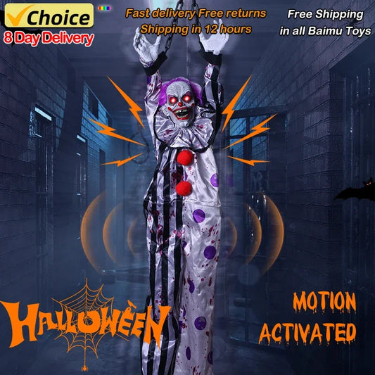 Halloween Hanging Animated Decorations Talking Shaking Scary Clown with Chain Voice Control Outdoor Yard Haunted House Prop