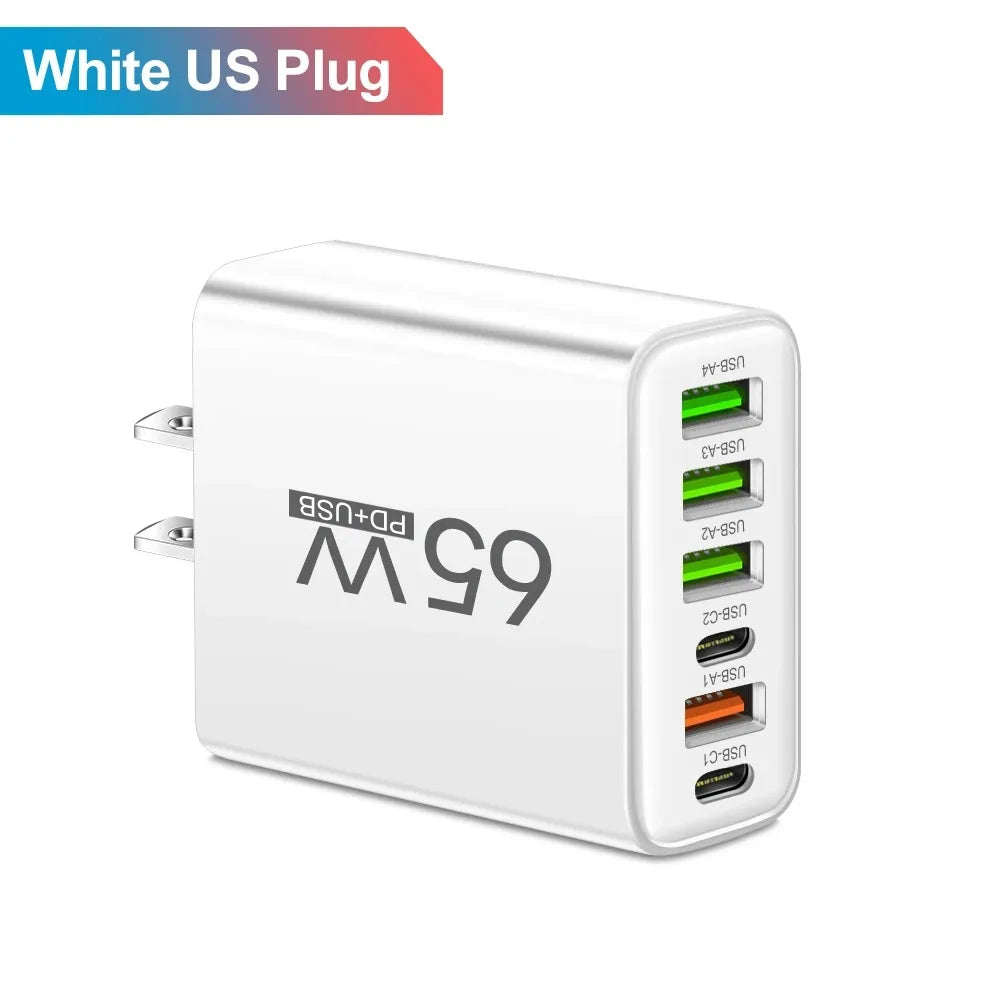 Multi Ports USB Charger 65W 6 in 1 Fast Charging Type C Phone Adapter For iPhone Samsung Xiaomi Huawei EU/US Plug Wall Charger