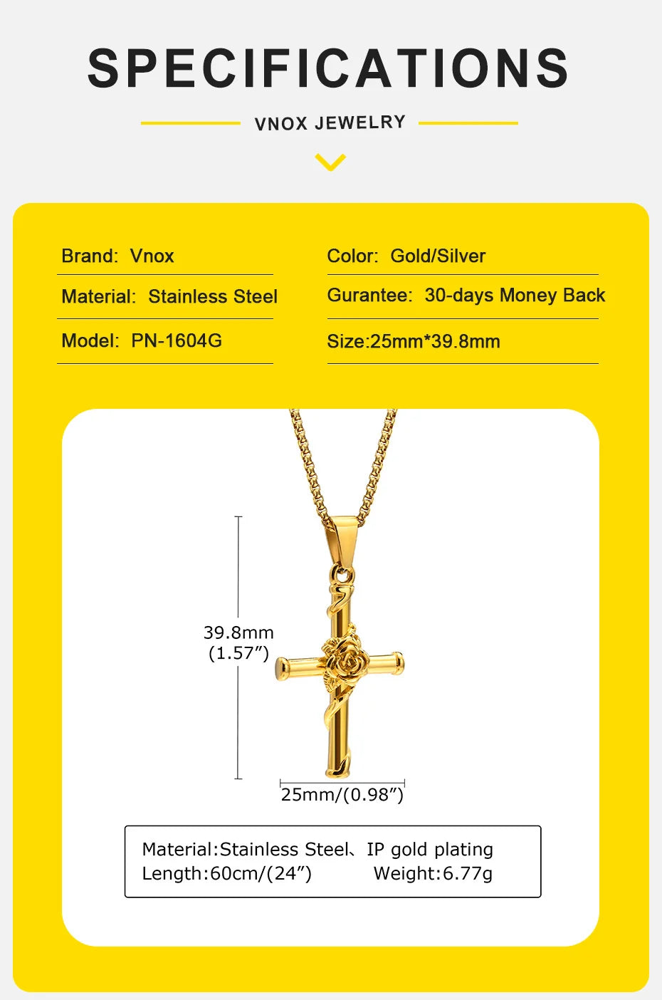 Vnox Men Cross Necklace, Stainless Steel Rose Cross Pendant with Box Chain, Unisex Cool Crucifix Jesus Faith Aesthetic Collar