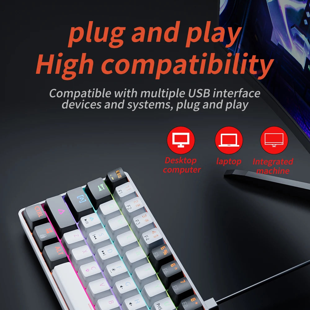 MUCAI mechanical keyboard 61 key mini portable wired cool light effect red axis hot swappable e-sports game office desk keyboard