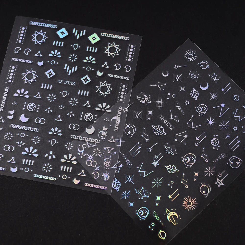 12Pcs Gold/Silver Tasse/Line/Star/Moon 3D Nail Art Stickers Leaf/Geometric Design Self-adhesive Sliders Luxury Manicure Decals