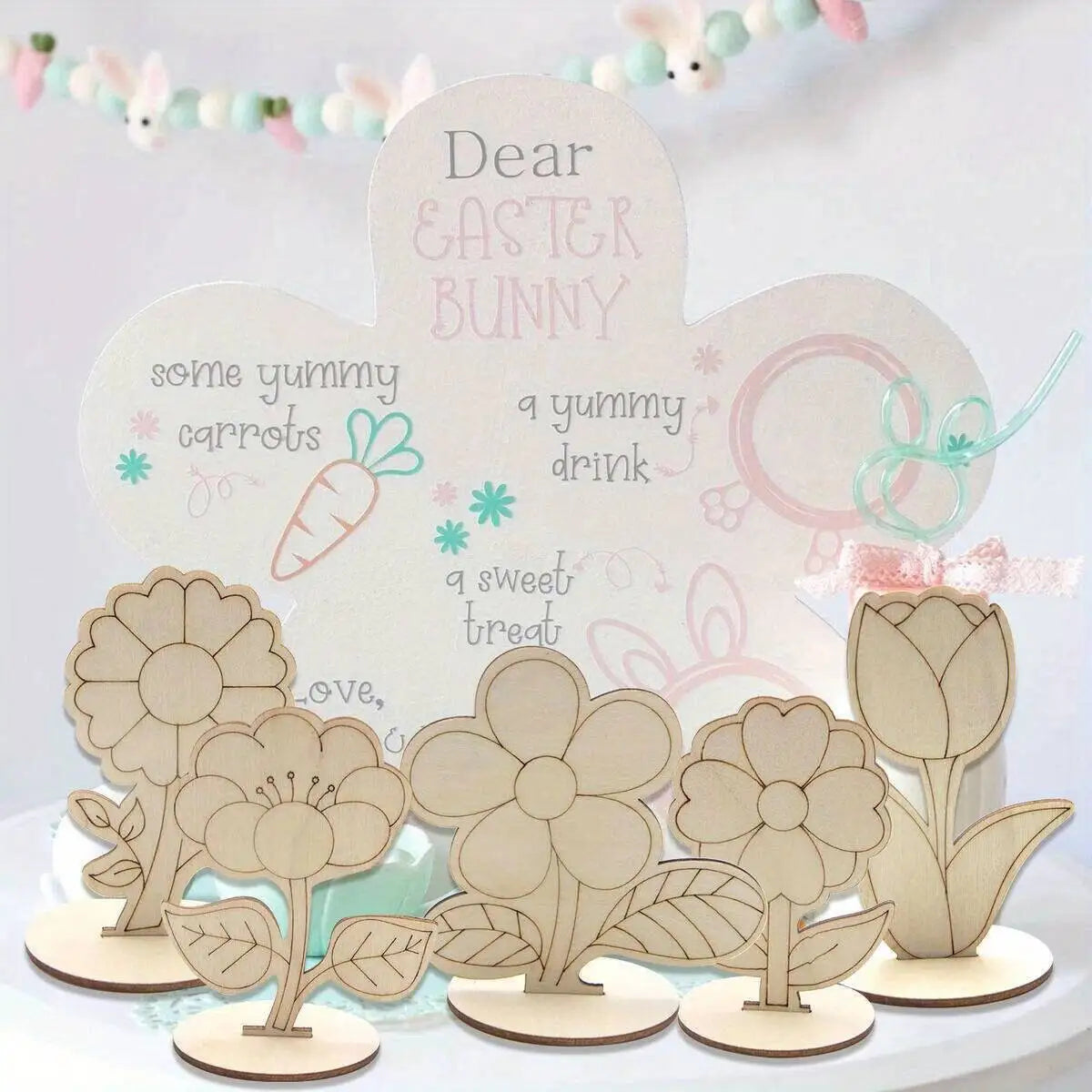 6Pcs/Set Rose/Lily/Sunflower Wooden Ornament Wood DIY Painting Crafts For Spring Happy Easter Party Table Decoration Supply