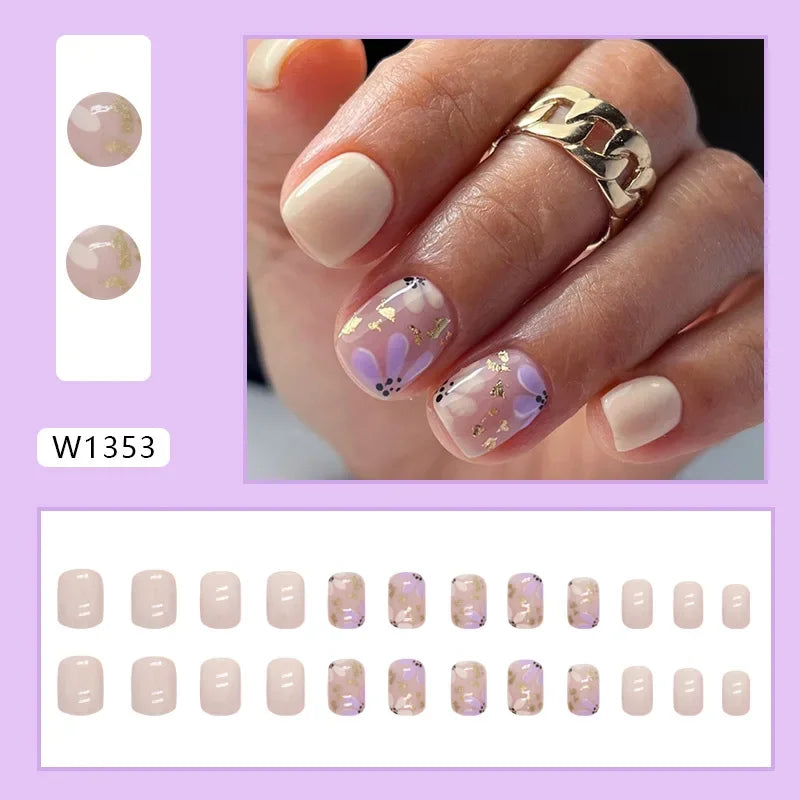 Gold Pink Wine Red 24 Pcs Fake Nail with Jelly sticker Press on False Nails Wearable Round Head Oval Full Cover Nail Tips