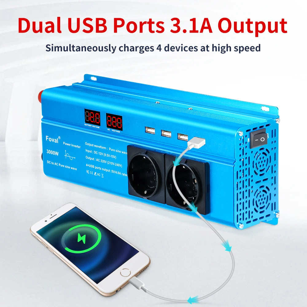 Pure Sine Wave 1000W 1500W 2200W 2600W DC 12V To AC 220V Car Power Inverter Adapter Converter With 3.1A Dual USB EU/Universal