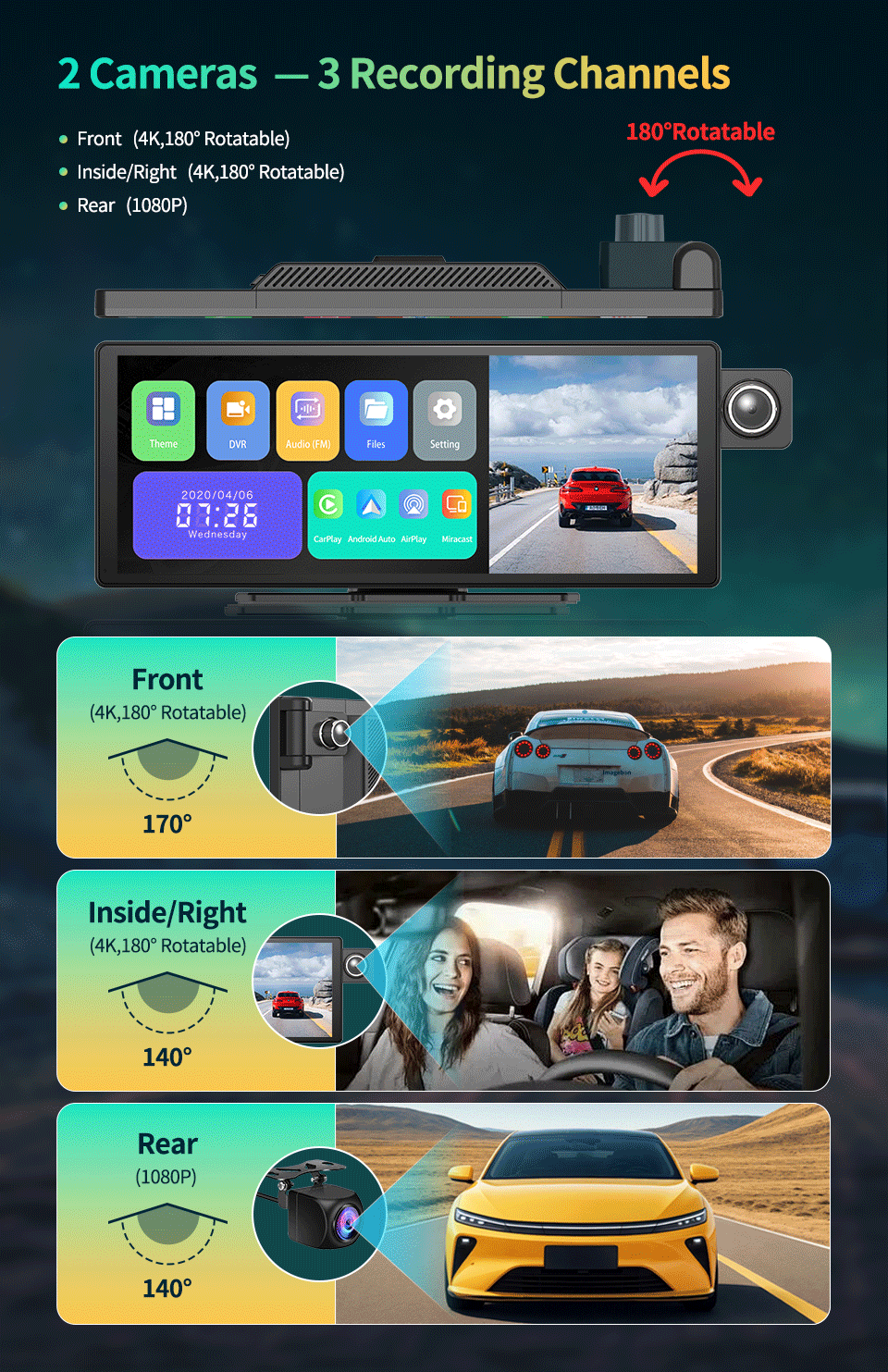 Imagebon 11.3″ 4K ADAS Rearview Mirror Camera Wireless CarPlay & Android Auto 3 Channel Recording Dash Cam GPS Navigation DVR