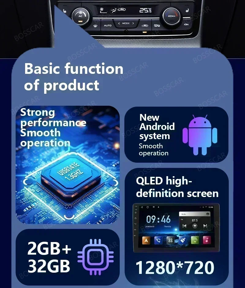 BOSSCAR Car Radio 7"9"10"Multimedia Video Player Android Universal Carplay Rearview Camera Wireless FM GPS Bluetooth Autoradio