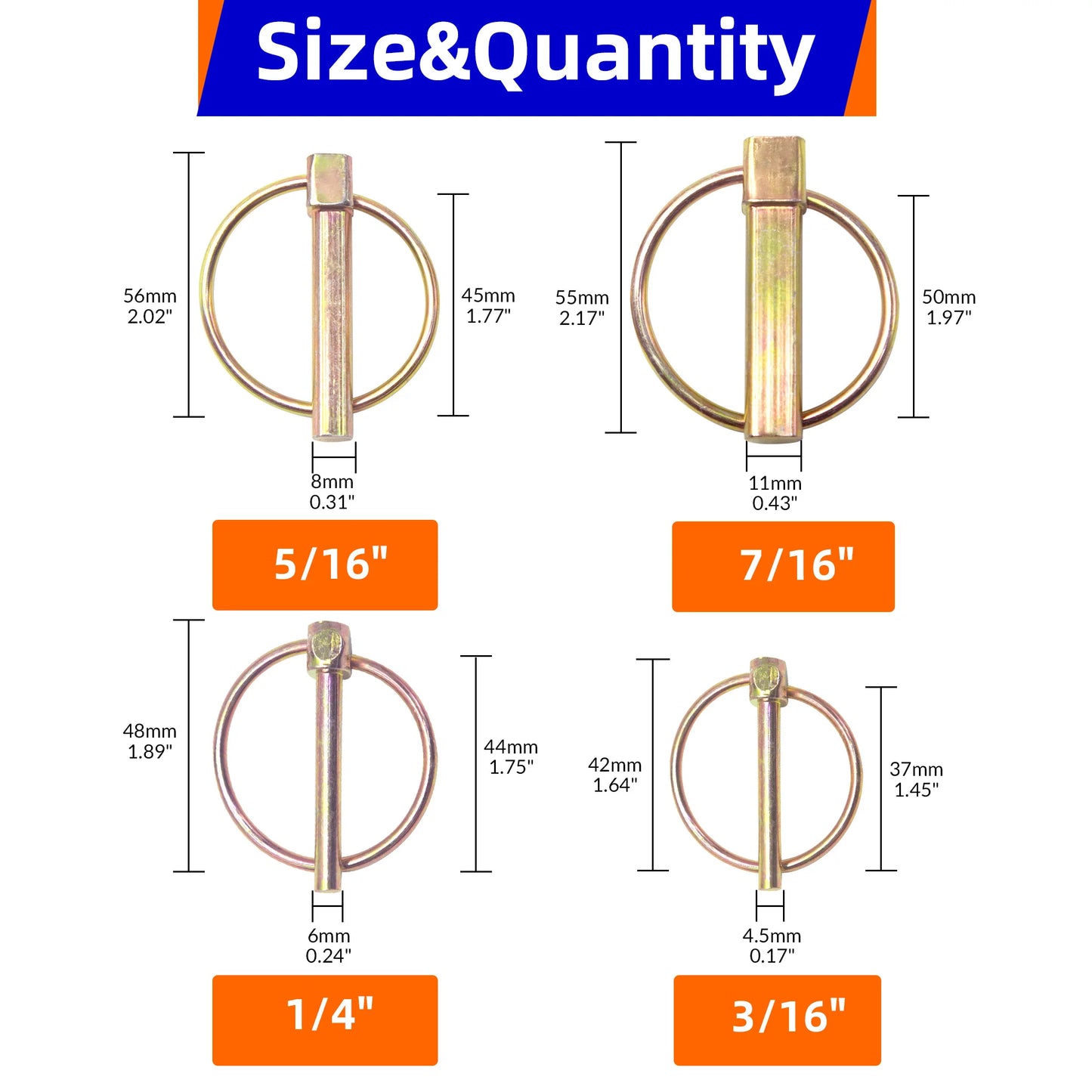8PCS O-shape Lynch Pin Heavy Duty Steel Coupler Latch Ring Clip 1/4" 3/16" 5/16" 7/16" O Ring Round Arch Towing Hitch Hook Boat