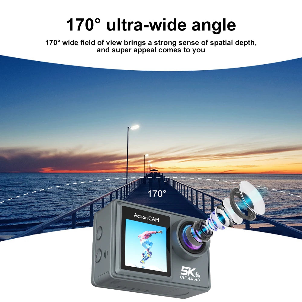 5K Action Camera 4K60FPS Dual IPS Touch LCD WiFi 170° DVR Action Cam 30M Waterproof 5X Zoom Sports Camera With Remote Control