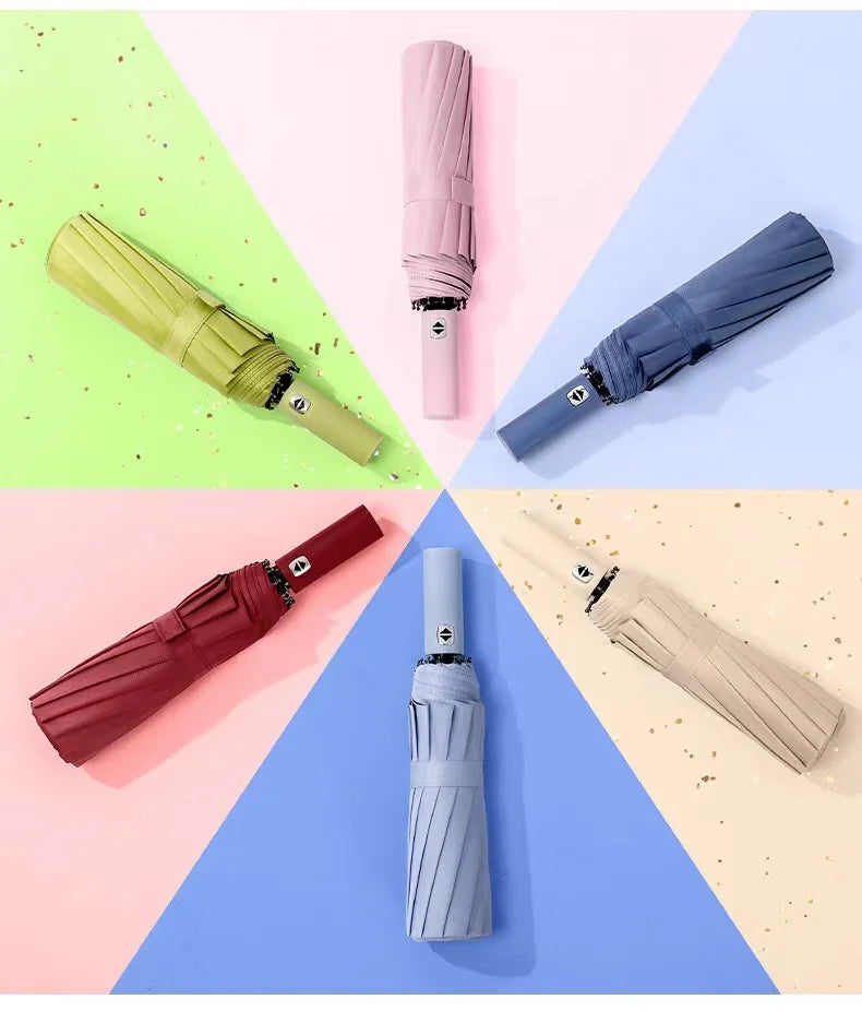 12 Bone Black Glue Fully Automatic Umbrella With Thick And Durable Keel Three Fold Umbrella UV Resistant Folding Umbrella 12 Bon