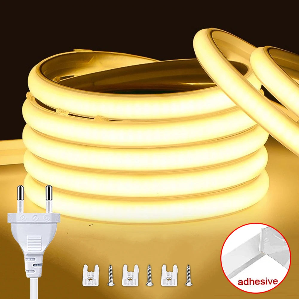 High Brightness LED Strip Light 220V Waterproof Cob LED Strip EU Power Plug Flexible Ribbon Tape for Home Room Outdoor Decor