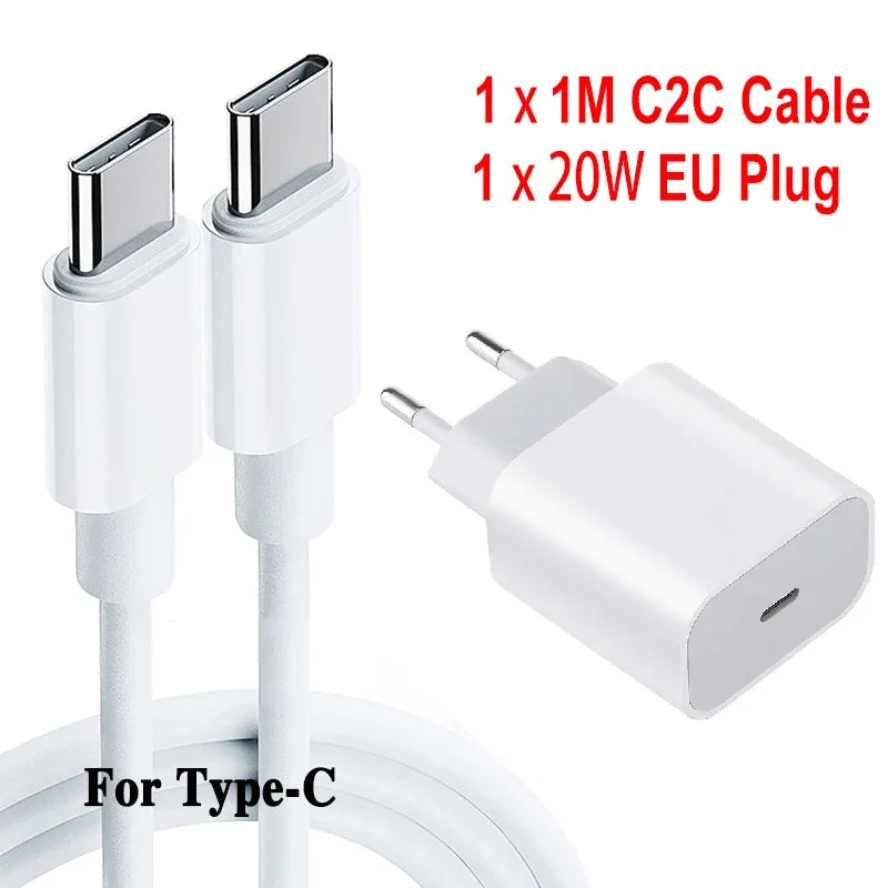 20W USB C Phone Charger PD Type C Cable Fast Charger Mobile Phone Charger for iPhone 15 16 Pro Max iPad Samsung Oppo EU/US Plug