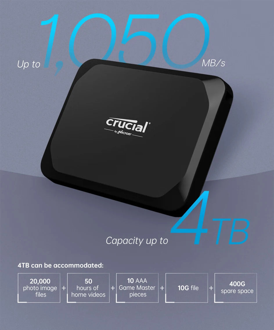 Crucial NVMe External SSD 1050MB/s 1TB 2TB 4TB Hard Drive 10Gbs Type C to Type C Portable Hd Solid State Disk for Laptops PC Mac