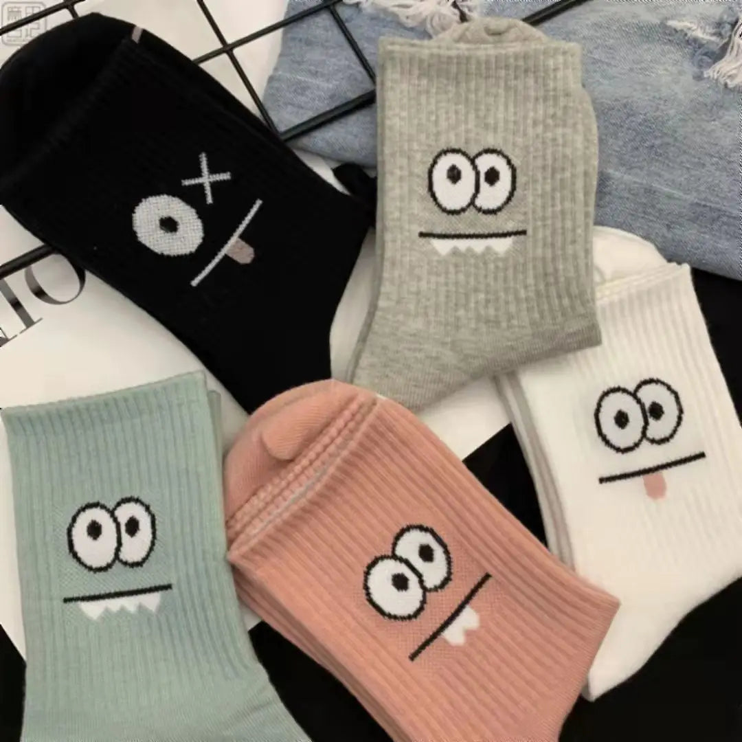 5 Pairs Cute Expression Print Socks, Comfy & Funny All-match Mid Tube Socks, Women's Stockings & Hosiery