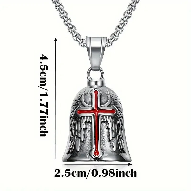 Biker Bell Carved Red Cross Wings Pendant Motorcycle Riding Bell Necklace Personality Men\'s Lucky Amulet Jewelry Wholesale