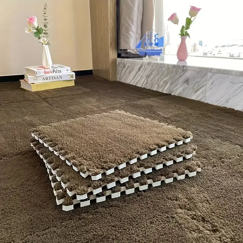 12Pcs Interlocking Carpet Tiles 11.8"x11.8", Washable Non-Slip EVA Polyester Floor Mat, Cuttable DIY Bedside Rug