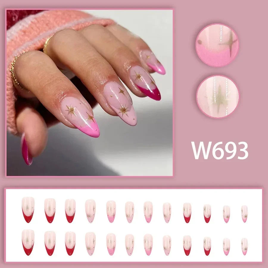 Black Ink Style Fake Nail with Jelly sticker Press on False Nails Wearable Round Head Oval Full Cover Nail Tips