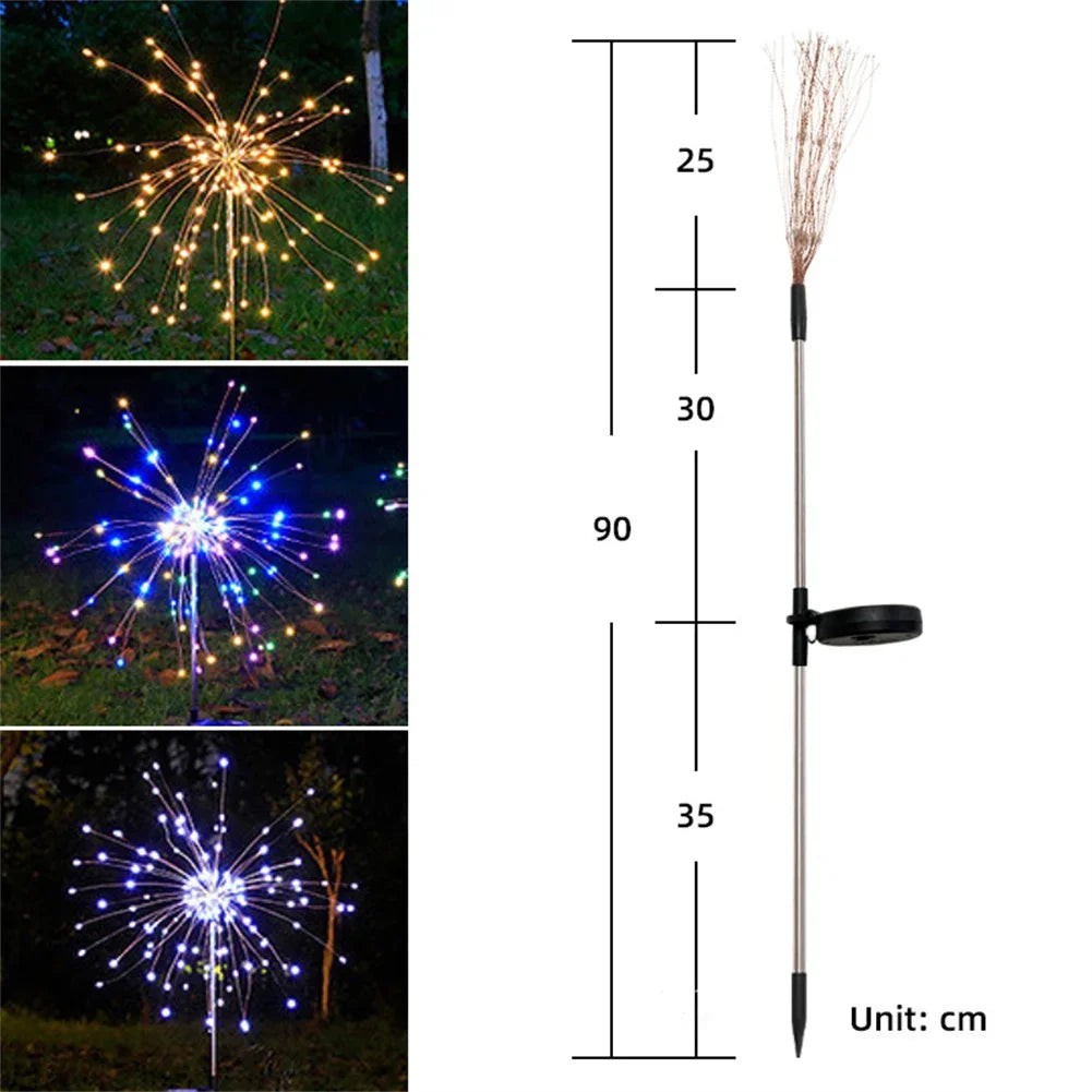 LED Outdoor Solar Fireworks Lights 90/150 LED Fairy Lights 8 Modes Garden Ground Plug Waterproof Holiday for Balcony Lawn Decor