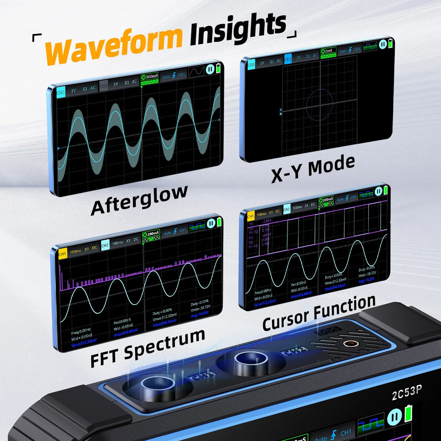 2C53P Touch Screen Portable Digital OSC Multimeter Signal Source 3in1 2 Channel 50MHz 250Ms/S 19999 Counts