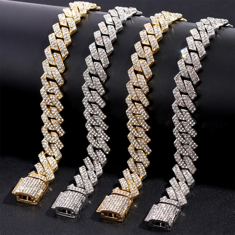 Hip Hop Men Iced Out Chain Prong Rhombus Cuban Link Necklace 14/20MM width Gold Silver Color Thick Cuban Chain Necklace Jewelry