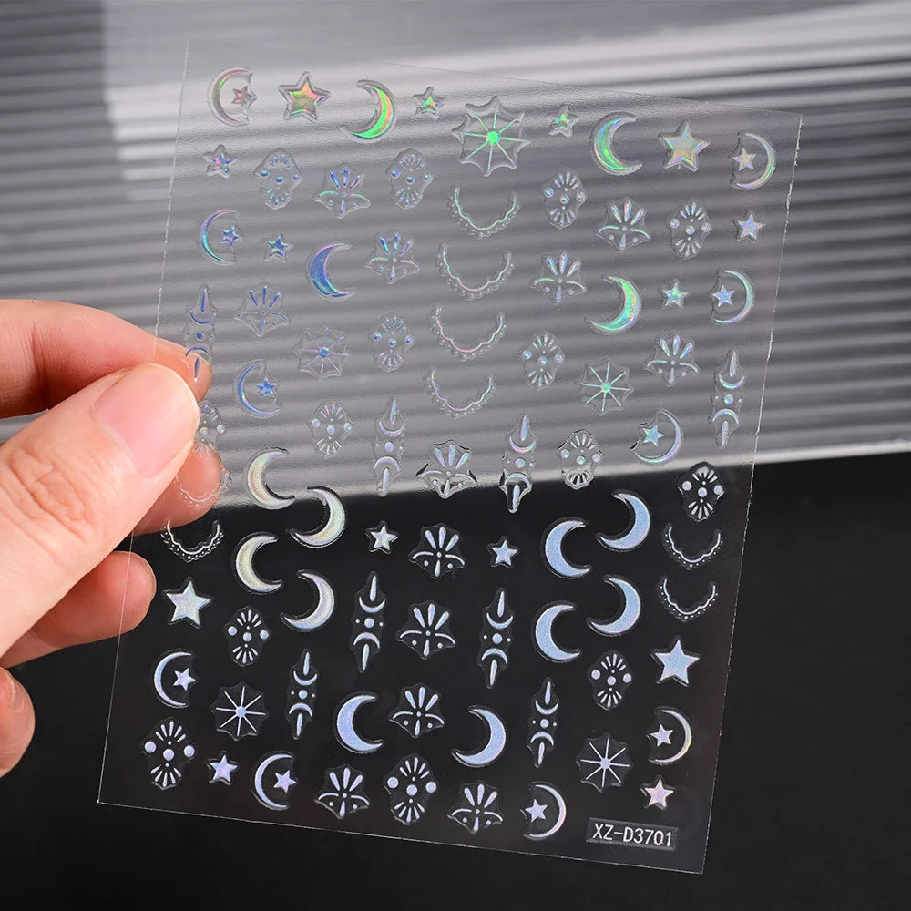 12Pcs Gold/Silver Tasse/Line/Star/Moon 3D Nail Art Stickers Leaf/Geometric Design Self-adhesive Sliders Luxury Manicure Decals