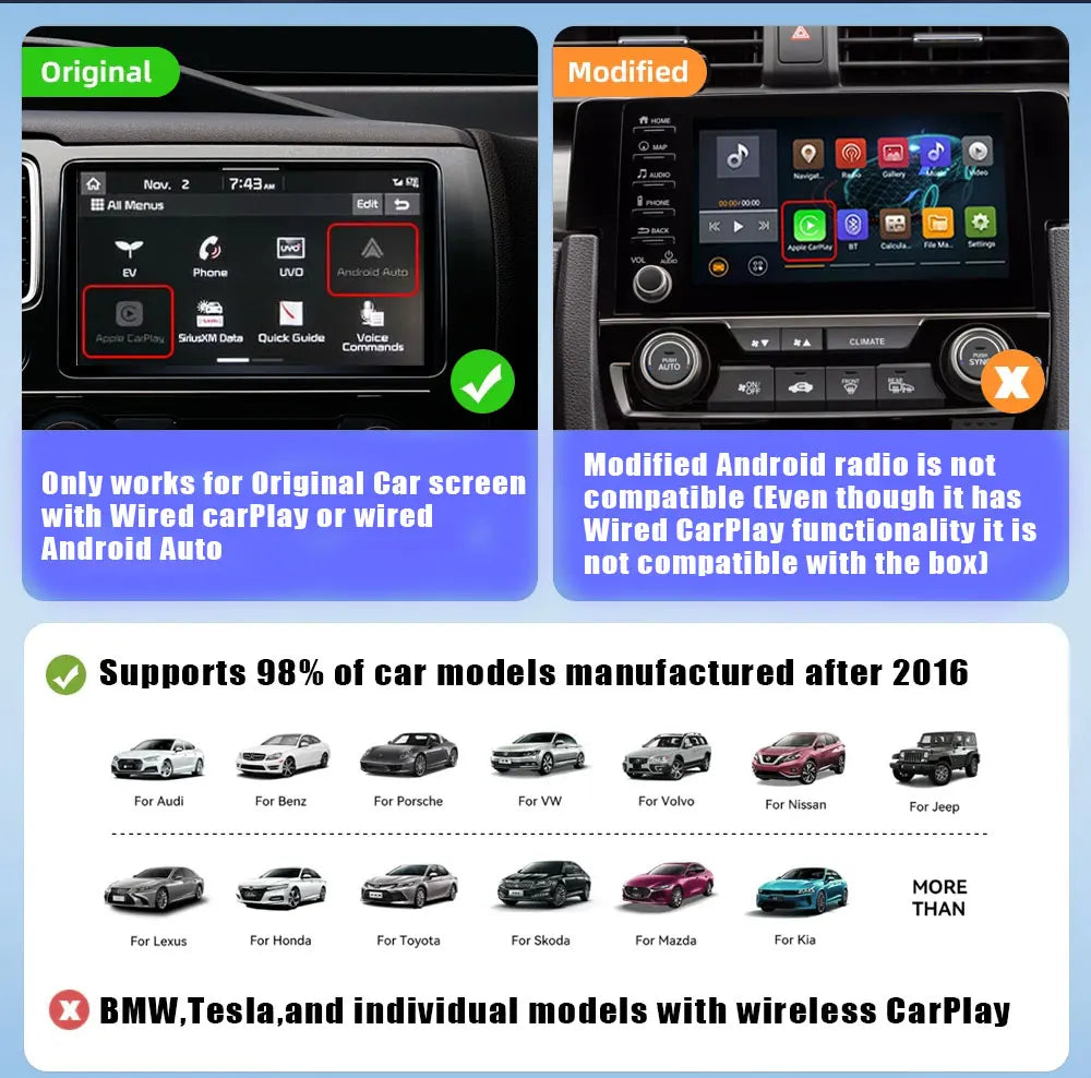 Wired to Wireless CarPlay Adapter for OEM Car Stereo With USB Plug and Play Smart Link Phone Automatic Connection to CarPlay