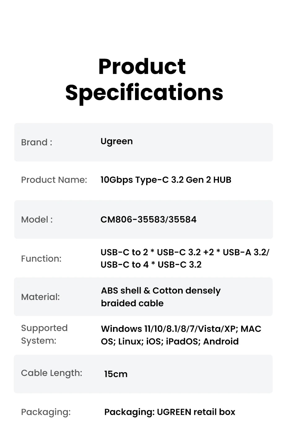 UGREEN USB C HUB 10Gbps Type-C 3.2 Gen2 USB Splitter USB C USB A Hub 4 USB Port 3.2 for MacBook Pro Air Type C Multiport Adapter