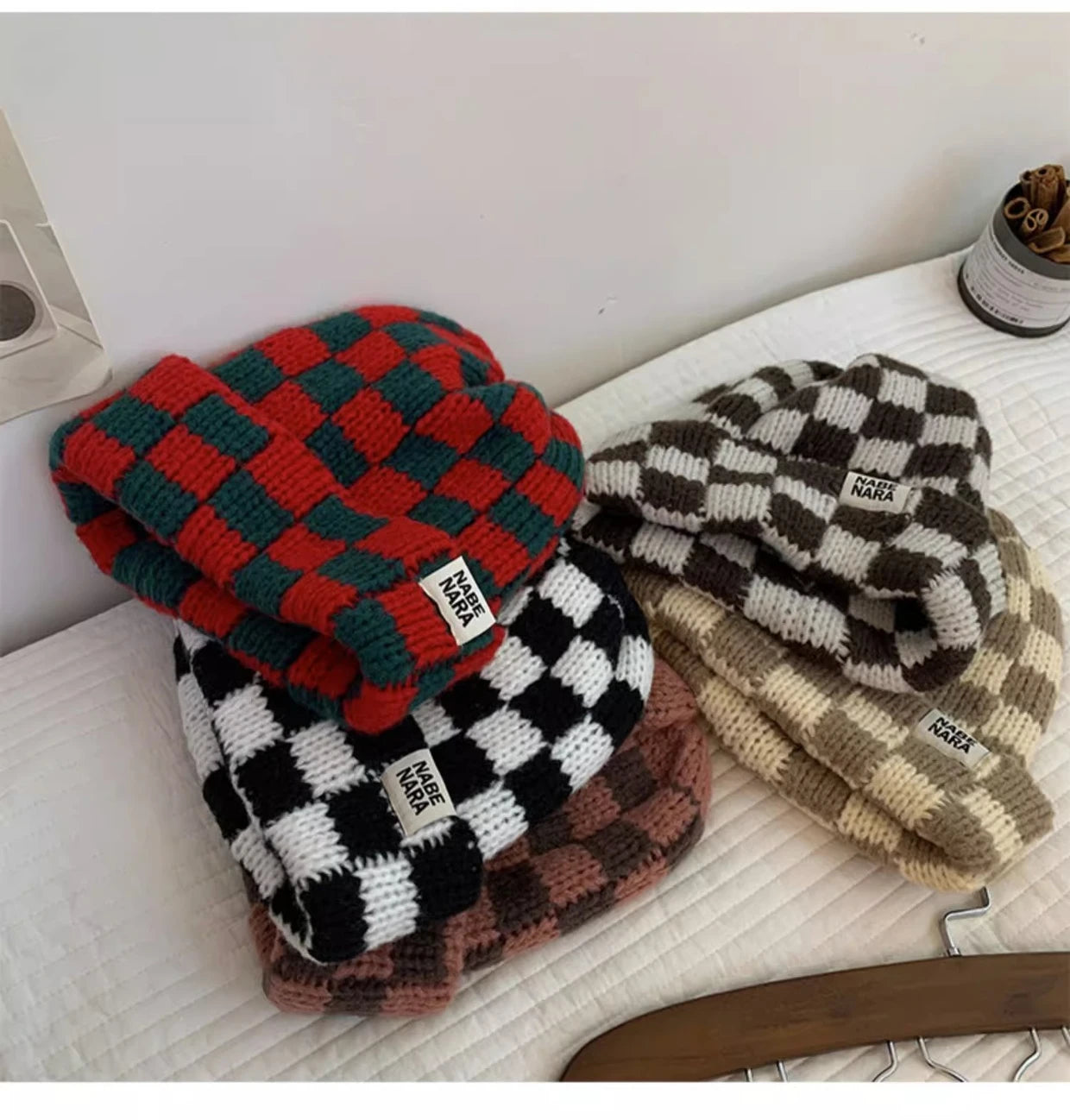 Luxury Brand Chessboard Plaid Knitted Hat Women Winter New Big Size Hat Warm Beanies Skullies Green Red Xmas Christmas Hat