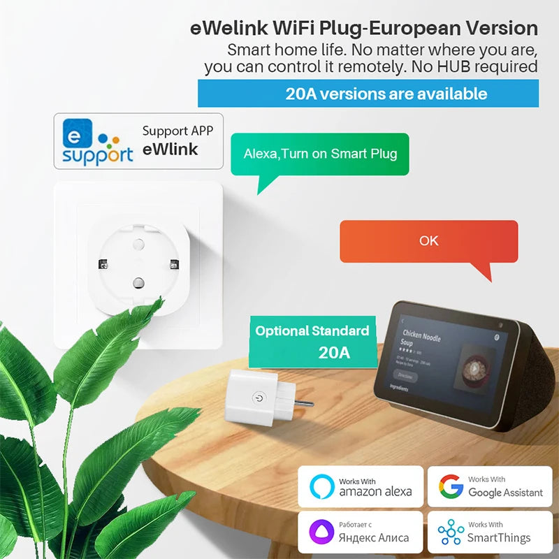 20A Wifi Smart Plug EU Socket With Power Monitoring Timing Function Voice Control Support Alexa Google Home Assistant EWelink