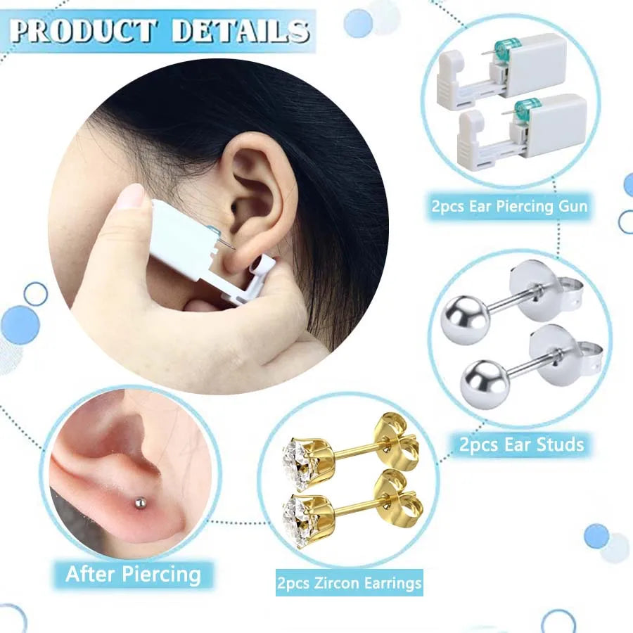 2PCS Disposable Ear Piercing Gun with Built-in Ear Studs & 2pcs Cubic Zirconia Earrings-For Home Use Ear Piercing Kit