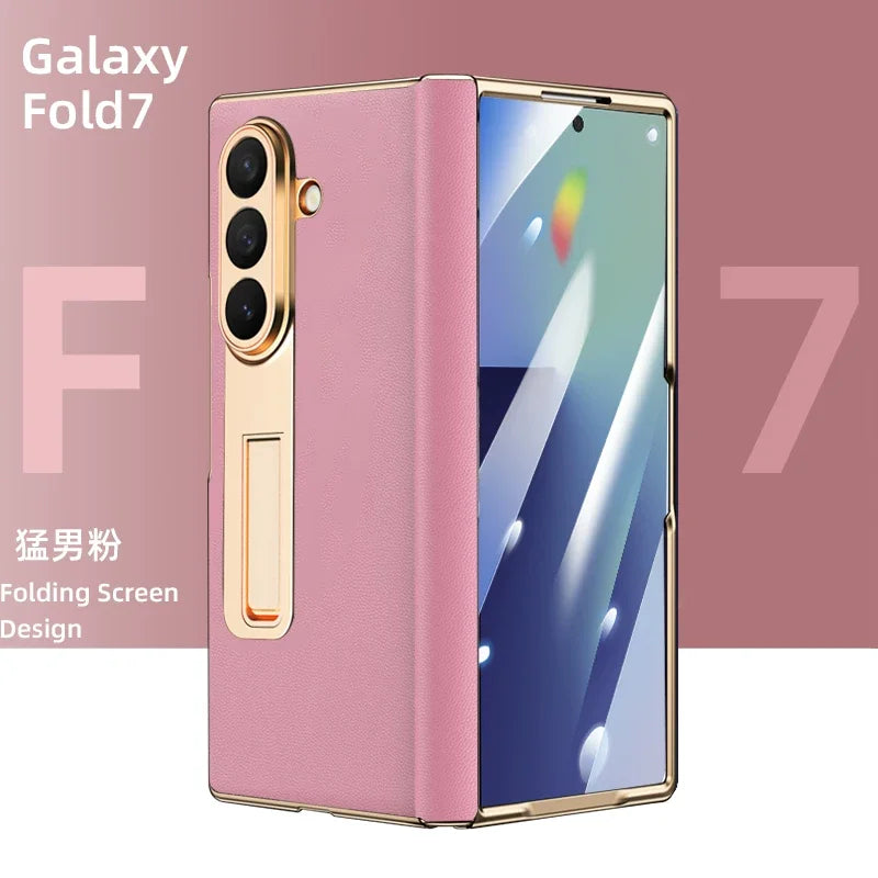 Luxury Leather Cover For Samsung Z Fold 7 6 5 Case Plating Stand Hinge Front Glass Screen