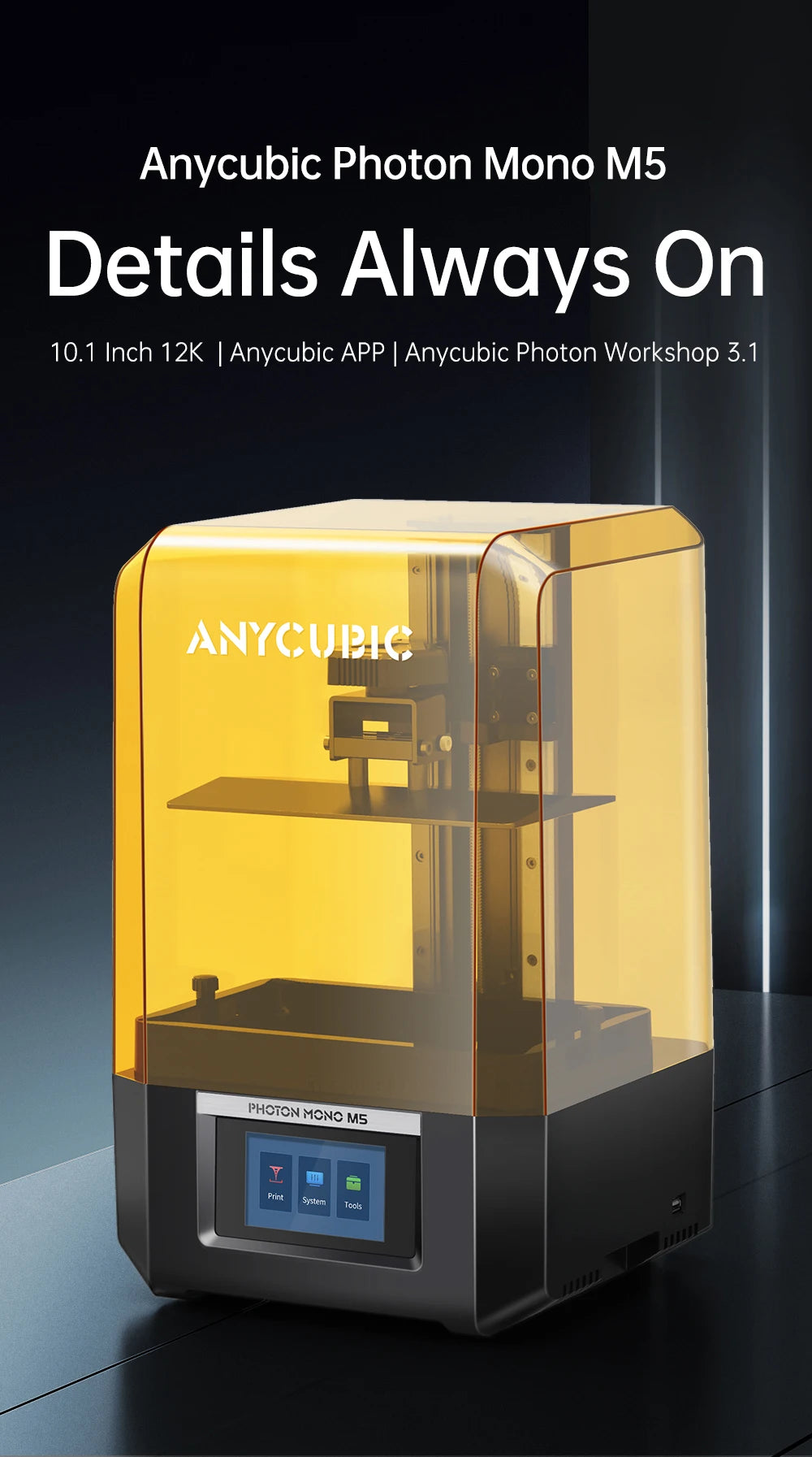 Anycubic Photon Mono M5 12K 3d Printer 10.1 Inch UV LCD Dual Lead Screw Linear Rails Printing size of 11.41*10.63*18.11 Inch