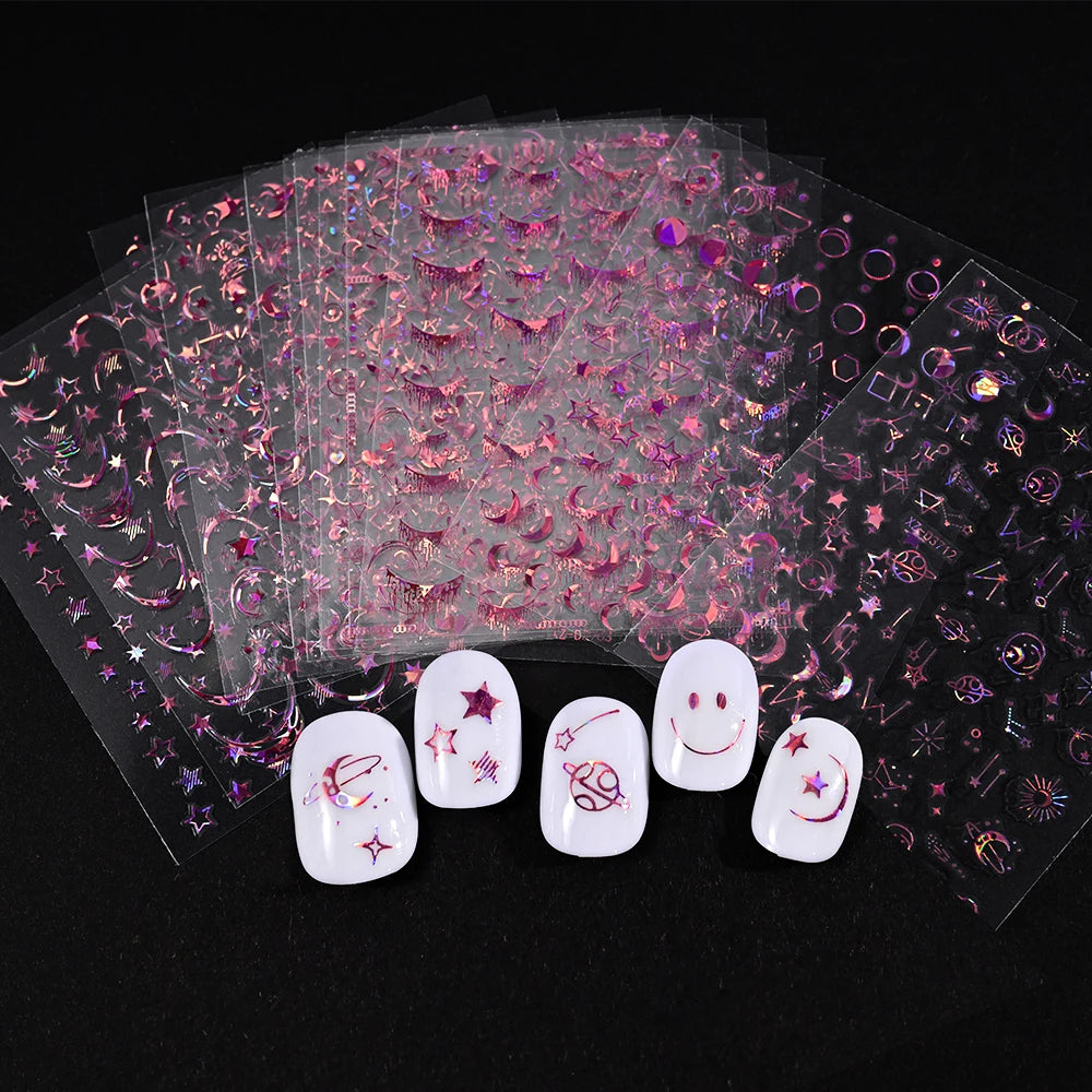 12Pcs Gold/Silver Tasse/Line/Star/Moon 3D Nail Art Stickers Leaf/Geometric Design Self-adhesive Sliders Luxury Manicure Decals