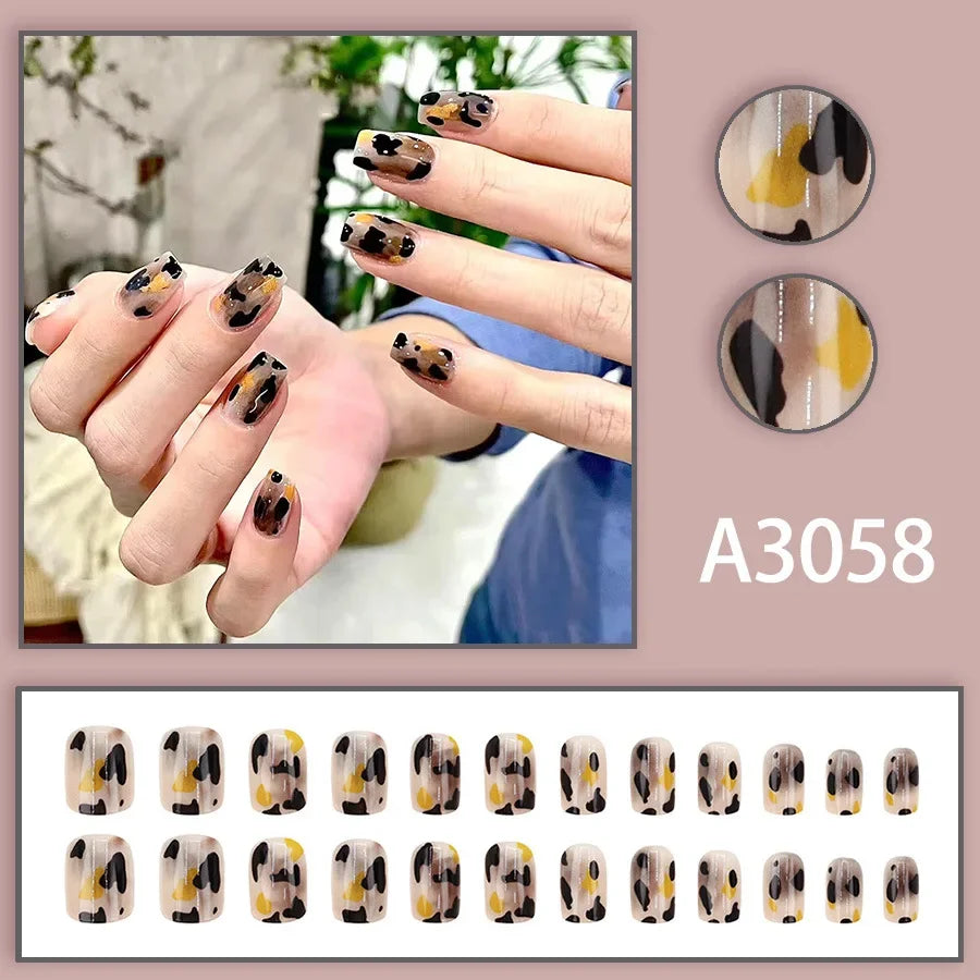 Watercolor Rose Fake Nail with Jelly sticker Press on False Nails Wearable Round Head Oval Full Cover Nail Tips