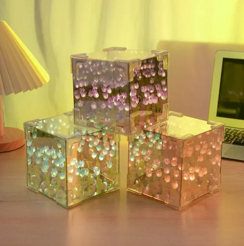 2024 Creative Diy Tulip Flower Sea Cube Three-Dimensional Small Night Lamp Material Package for Girlfriend Couple Girlfriends