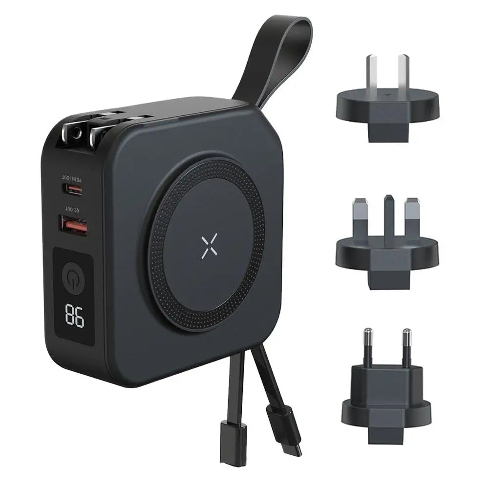 10000mAh Magnetic Wireless Power Bank 22.5W Fast Charging AC Wall Plug 5 in 1 Portable Charger Multifunctional Phone Stand