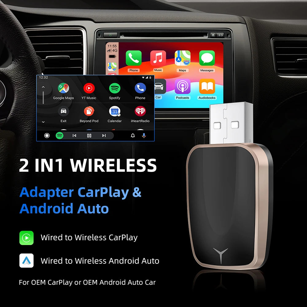 2in1 Wireless CarPlay Dongle Wireless Android Auto Adapter AI Smart Box Car Intelligent Systems For Car With Wired CarPlay