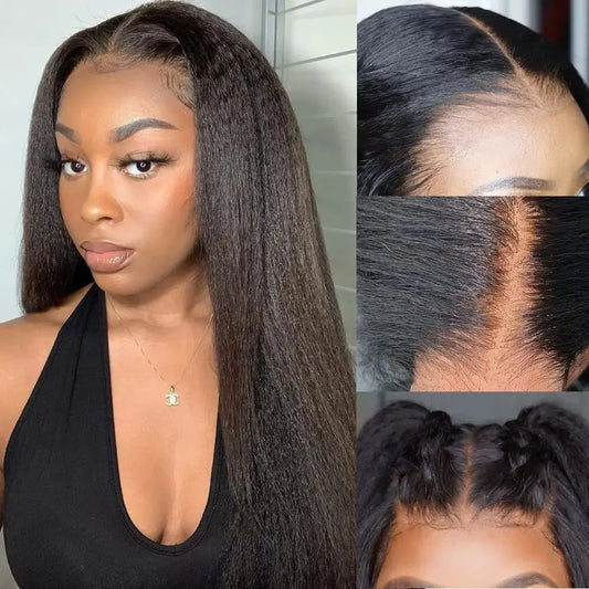 Put On And Go Kinky Straight 4x4 Lace Closure Human Hair Wig Glueless 10-26 Inches Pre Cut Lace Yaki Straight Wig Brazilian Hair