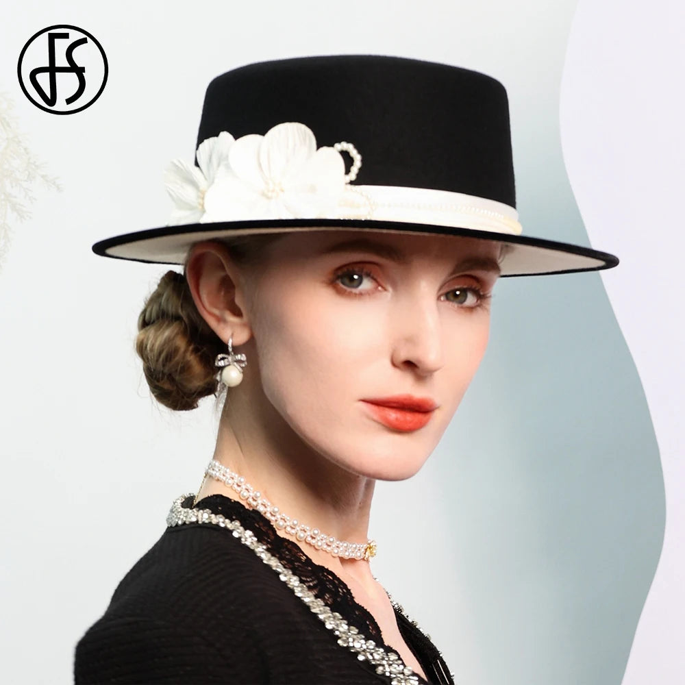 Women's Black/White Flat Top Wool Felt Fedora Hat with Flower Faux Pearl Detail Winter Dress Cap Stylish French Millinery