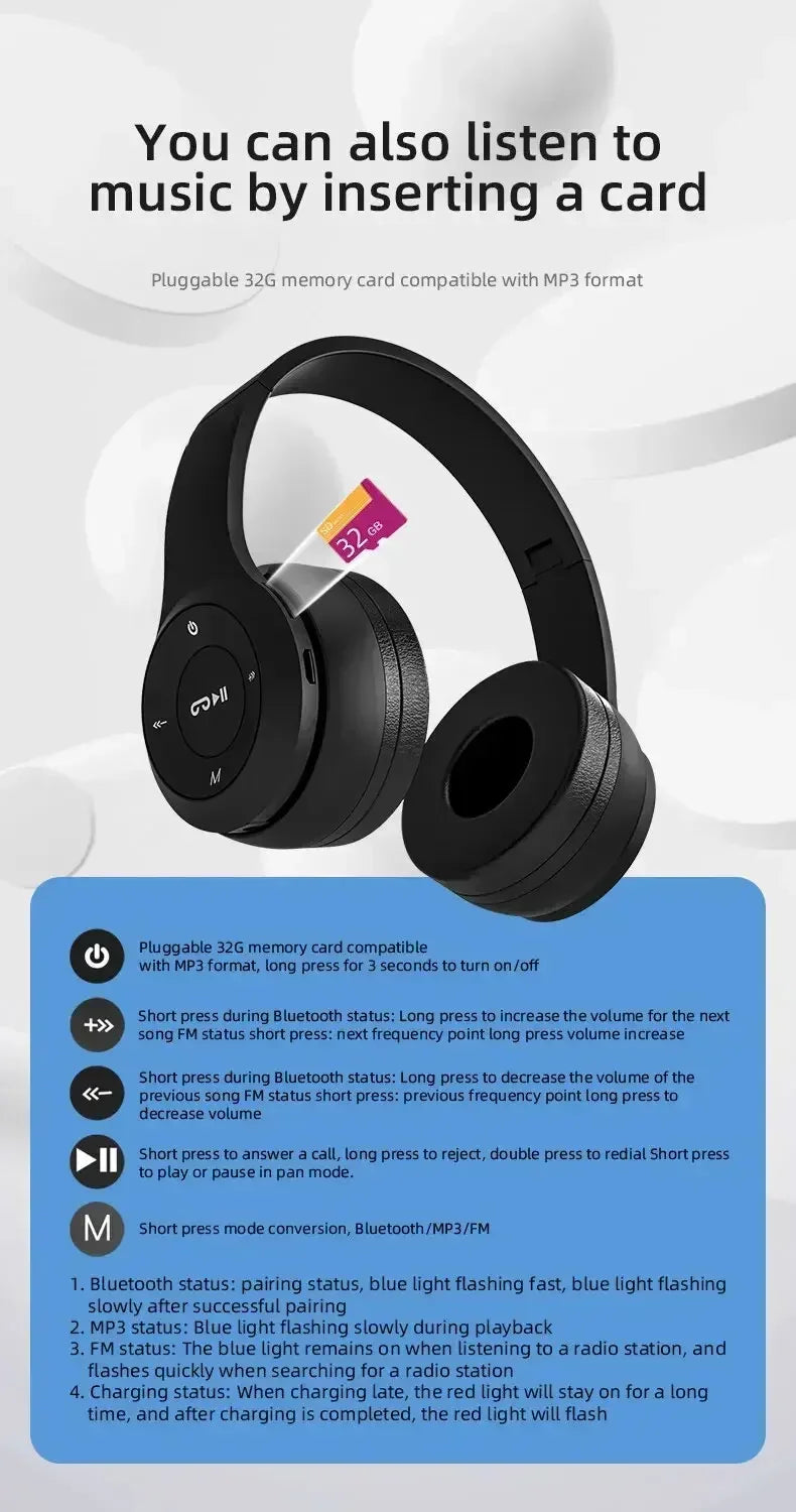 2025 NEW Stereo P47 Headset 5.0 Bluetooth Headset Folding Series Wireless Sports Game Headset for iPhone XiaoMi