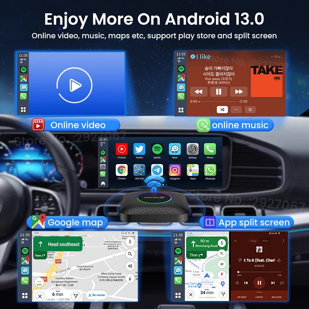 CarlinKit CarPlay Ai Box Android 13 SM6225 8 cores 8G+128G for Netflix Smart TV Box Wireless CarPlay Android Auto 512GB via TF