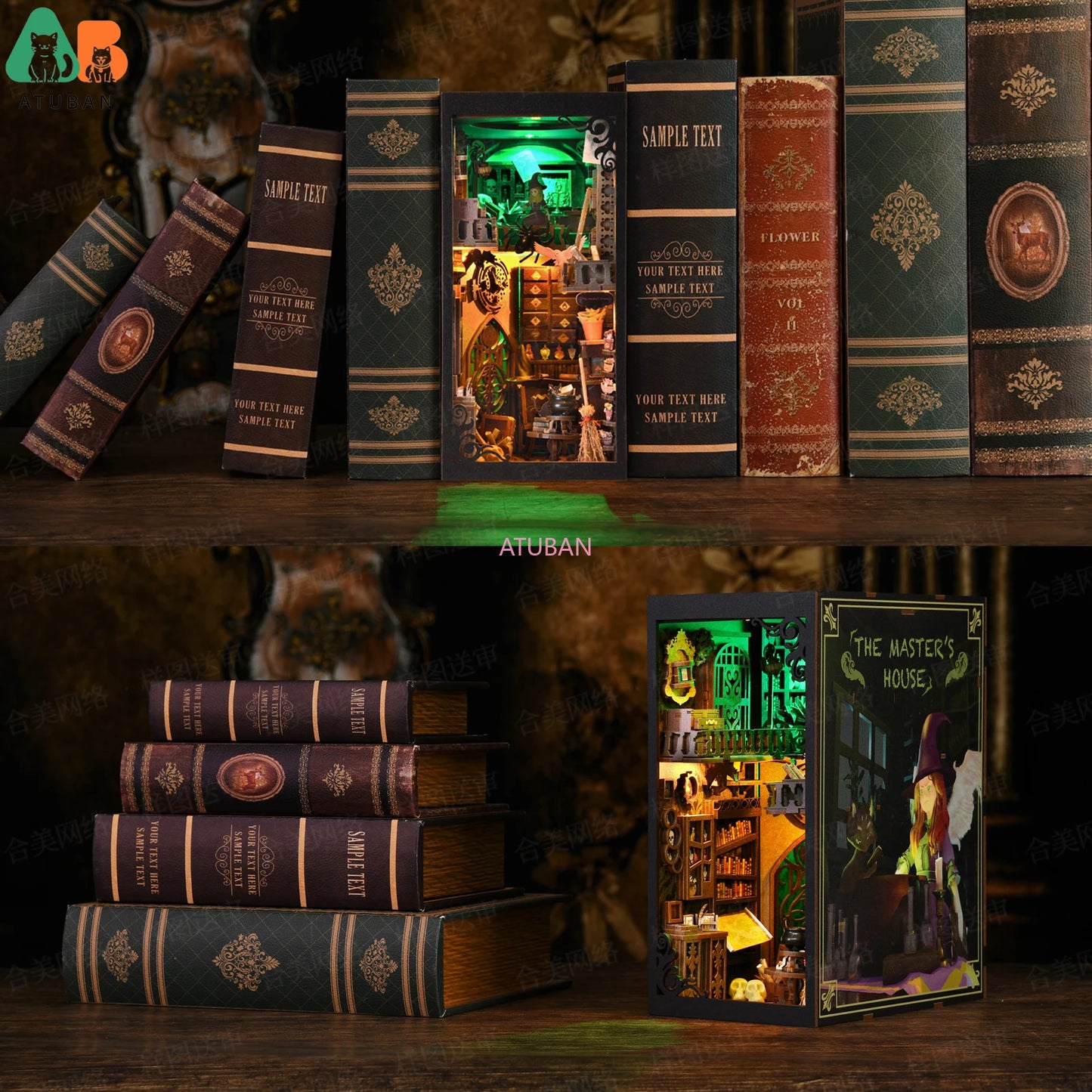 Book Nook Kit,DIY Miniature Dollhouse Booknook Kit,3D Wooden Puzzle Bookend Bookshelf Insert Decor LED Light for Teens Adults