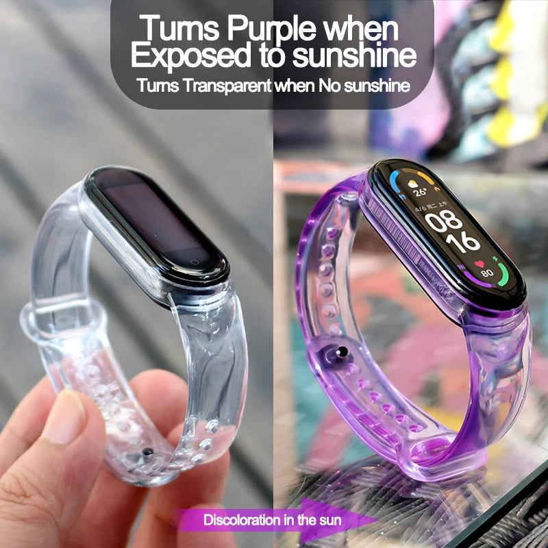 Discoloration Strap For Xiaomi Mi Band 7 6 5 4 3 Silicone Transparent Color Chang Watchband For Miband6 7 5 4 Bracelet Wristband