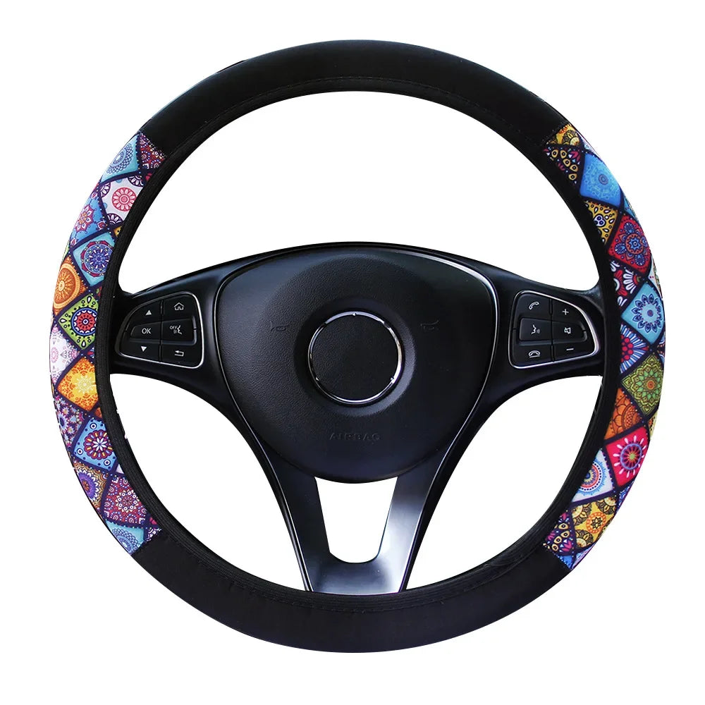 38cm Elastic Car Steering Wheel Cover Ethnic Style Print Anti-slip Car Steering-wheel Cover Car Interior Accessories Car Styling