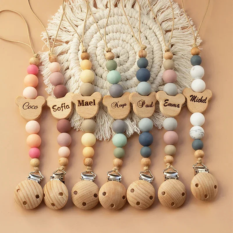 Custom Name Wooden Personalized Baby Pacifier Chain Silicone Bead Dummy Nipple Holder Guard Teether Pendant  Newborn Gift Stuff