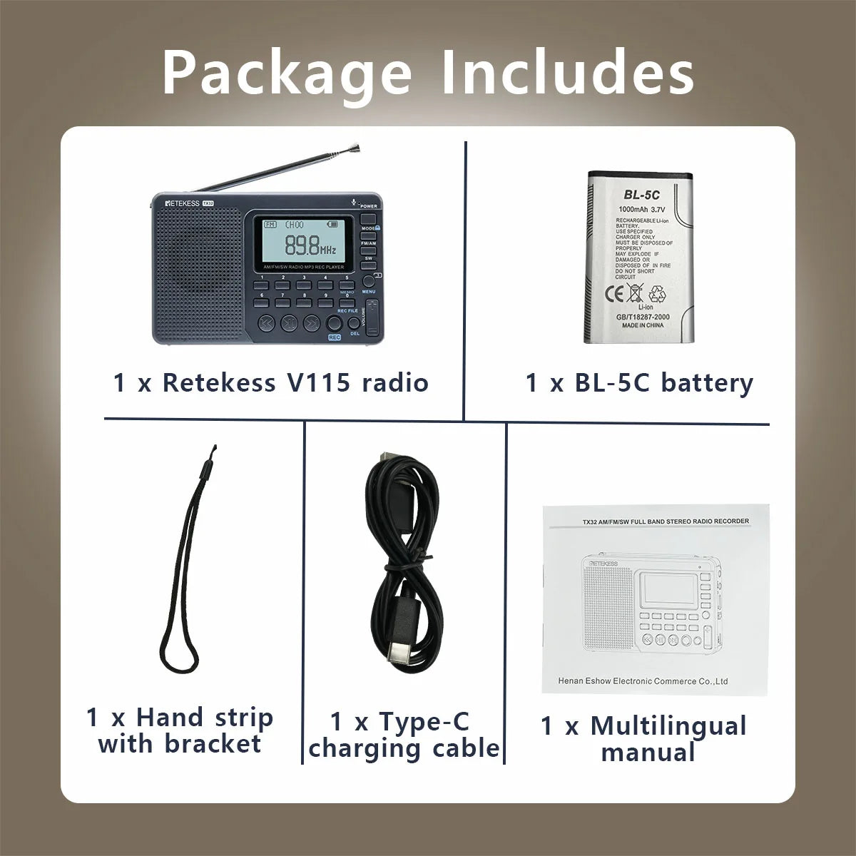 RETEKESS V115 Radio FM AM SW Portable Radios Rechargeable  Radio Batteries multiple bands  USB Recorder Speaker for Elders TX32