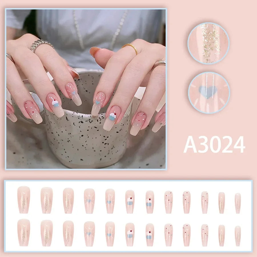 Watercolor Rose Fake Nail with Jelly sticker Press on False Nails Wearable Round Head Oval Full Cover Nail Tips