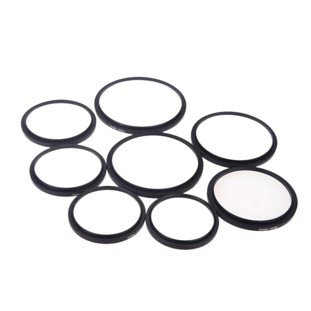 8pcs Filter Step Up Rings Adapter 49-52-55-58-62-67-72-77-82mm 49mm-82mm Step-up Ring Anodized Aluminum Material as Lens Hood