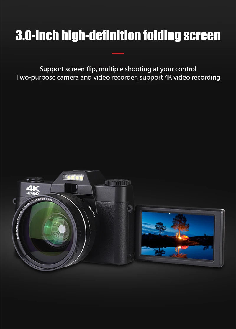 4K HD Professional Digital Camera Camcorder WIFI Webcam Wide Angle 16X Digital Zoom 48MP Photography 3 Inch Flip Screen Recorder